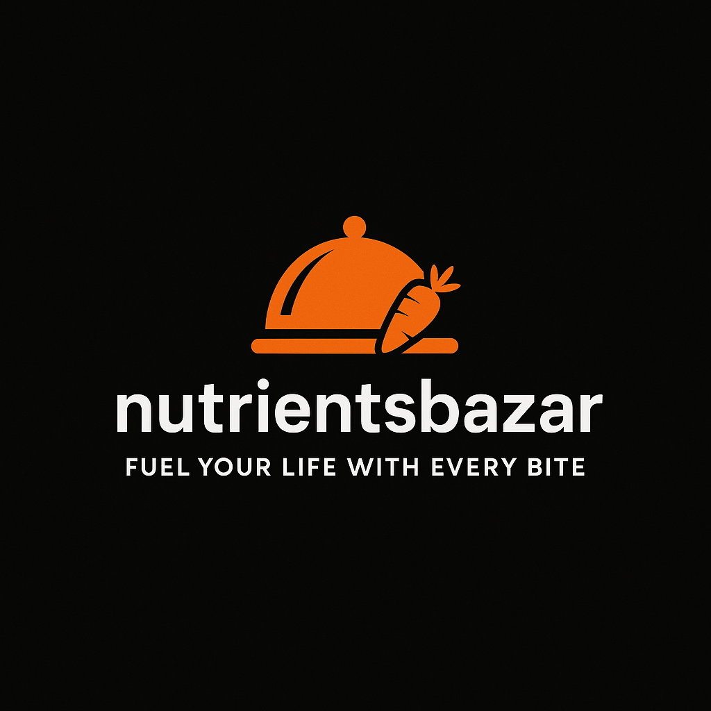 NutrientsBazar logo with an orange cloche and leaf icon symbolizing healthy food.