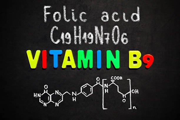 A variety of foods rich in Vitamin B9, including leafy greens, citrus fruits, and legumes.